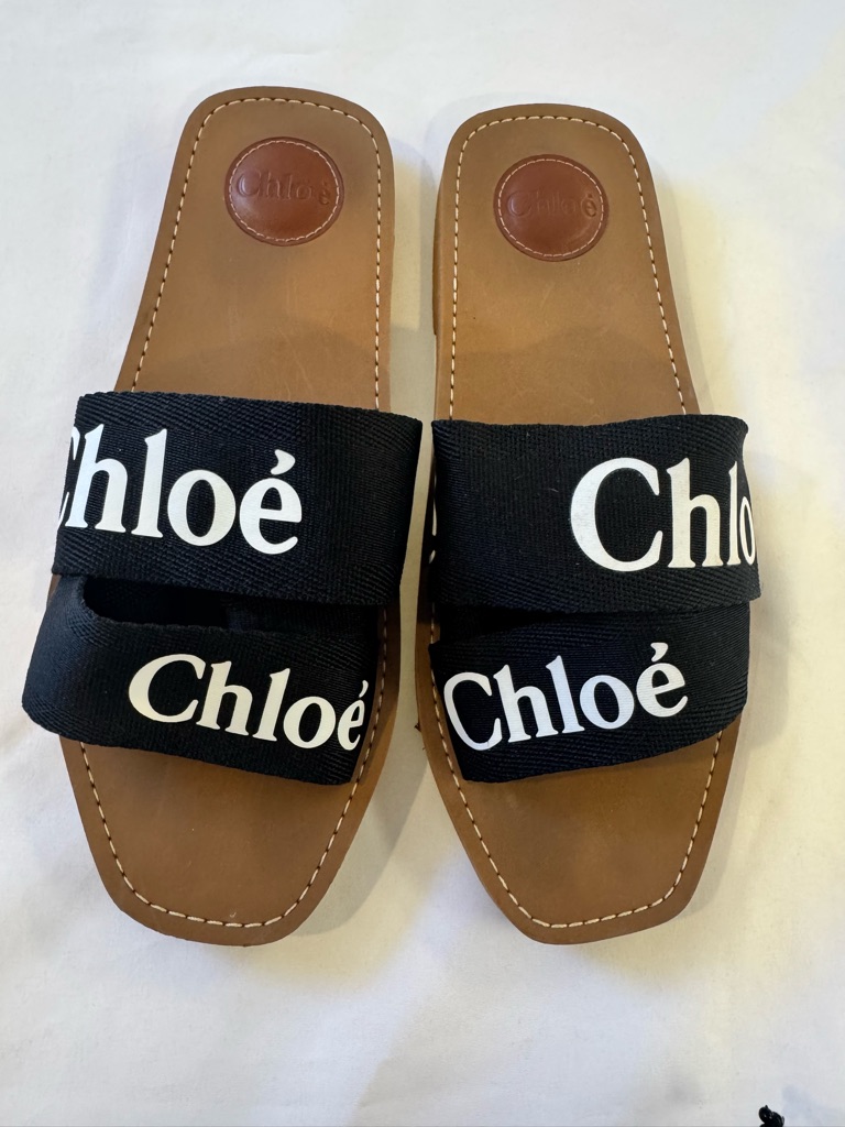 Chlo Brown Leather Slide Sandals With Black Fabric Logo Straps